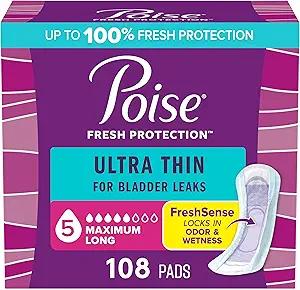 Poise Ultra Thin Incontinence Pads & Postpartum Pads for Bladder Leaks, 5 Drop Maximum Absorbency, Long Length, 108 Count, Packaging May Vary