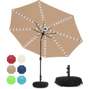 Sundale Outdoor Solar 88 LED 10 ft Patio Umbrella with Sand Bag Umbrella Base, Outdoor Umbrella with Tilt and Crank, Tan