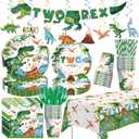 Srua Don Dinosaur 2nd Birthday Party Supplies For Boy, Dino Two Rex Birthday Decorations, Disposable Paper Plates, Cups, Napkins, Tablecloth, Cutlery, Swirls, Banner, Serves 24