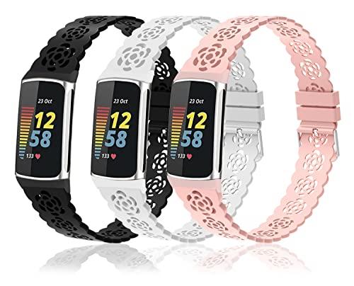 3-Pack Sport Bands Compatible with Fitbit Charge 6/ Charge 5 for Women, Lace Silicone Slim Narrow Thin Rose Hollowed-out Replacement Strap Wristband(Black/White/Sand Pink)