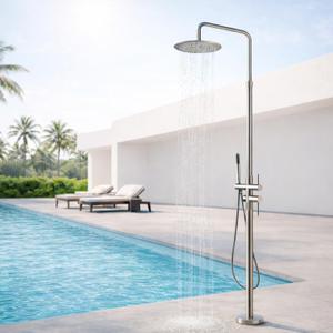 Freestanding Outdoor Shower with 10” Rain Shower Head and Handheld, Height Adjustable Outdoor Shower Stand for Backyard, Patio & Poolside, Hot and Cold Water (Brushed Nickel)