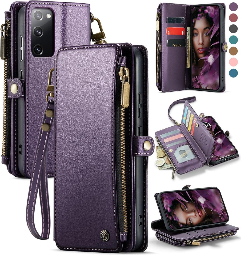 Defencase Compatible with Samsung Galaxy S20 FE 5G Case Wallet with RFID Blocking Card Holder for Women Men, PU Leather Magnetic Snap Flip Zipper Strap Wallet Phone Case Fit for Galaxy S20 FE, Purple
