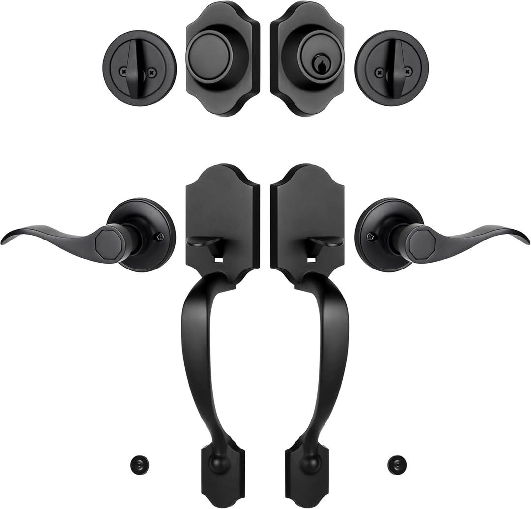 Double Front Door Handle Set with Dummy and Deadbolt, Entry Front Door Lock Set with Classic Half Grip Curved Door Handle for Exterior Doors or Office, Matte Black