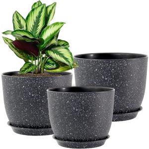 WOUSIWER Plant Pots 10/9/8 inch, Set of 3 Modern Decorative Plastic Planters with Drainage Holes and Saucers for House Plants Indoor Flowers Plants, Black with White Speckles