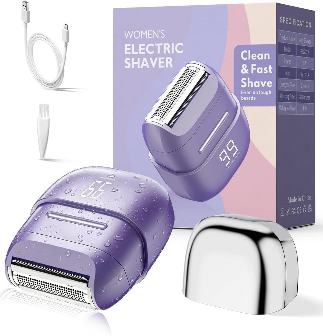 Electric Razors for Women, Waterproof Wet Dry Mini Electric Shaver for Women - Cordless Rechargeable Foil Shaver for Hair Removal, Legs, Face, Body, Bikini,Sensitive Skin, Teens (Purple)