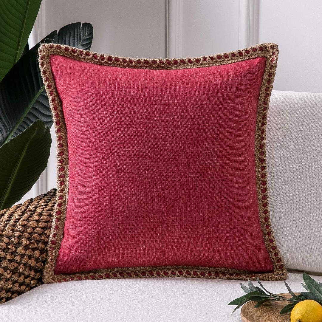 Phantoscope Farmhouse Solid Throw Decorative Pillow Cover Christmas Burlap Linen Pillow Cover Trimmed Tailored Edges Outdoor Pillow Red 18 x 18 inches, 45 x 45 cm