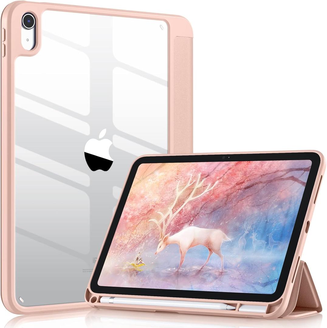 Wenlaty Compatible with iPad (A16) 11th Generation Case 11 Inch 2025, for iPad 10th Generation 10.9 Inch 2022 with Pencil Holder, Trifold Stand Protective Clear Back Shell, Auto Wake/Sleep, Rose Pink