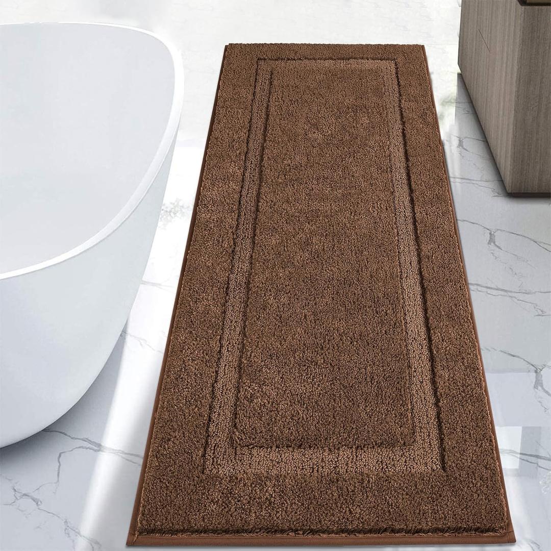 SHACOS Super Soft Bathroom Rugs 24"x60" Long Bath Rugs Polyester Bath Mats Non Slip Washable Absorbent Carpet for Bathroom Accessories Tub Shower Vanity Sink, Coffee Brown 2'x5'
