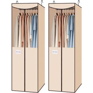 STO STO 2 Pack Garment Bag for Hanging Clothes Closet, Hanging Garment Cover with Built-in Steel Hanging Rod, Hanging Wardrobe Storage Bag for Suit, Dress with Clear Window, Zipper, ID Window, Beige