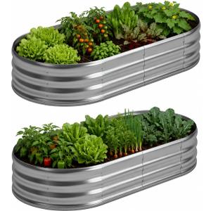 Foxlang 8x4x1ft(2 Pack) Galvanized Oval Raised Garden Bed,Outdoor Planter Box Metal Patio Kit Planting Bed for Vegetables Flowers Herb,Silver