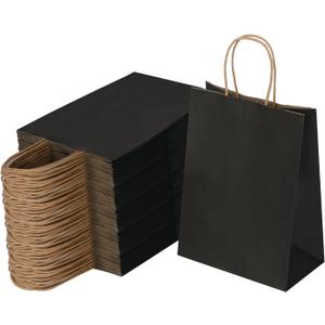 Joybe 100 Pack 6x3.25x8 Inch Small Black Paper Bags with Handles Bulk, Kraft Paper Gift Bags for Birthday Party Favors Grocery Retail Shopping Business Goody Merchandise Craft Blank Sacks (100pcs)