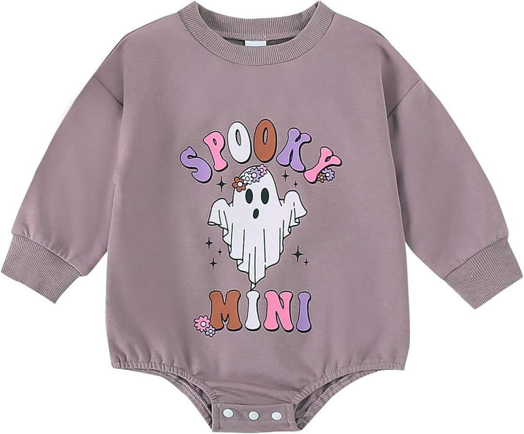 Aiwpstoin Halloween Baby Clothes Boy Girl Pumpkin Ghost Sweatshirt Bubble Romper Bodysuit Shirt Infant Fall Outfit (Purple B, 6-12 Months)