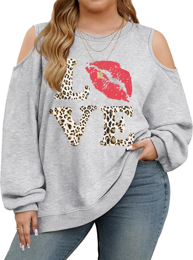 NANYUAYA Plus Size Cold Shoulder Sweatshirt for Women Graphic Long Sleeve Shirt Casual Off The Shoulder Tops (Gray, XXXL)