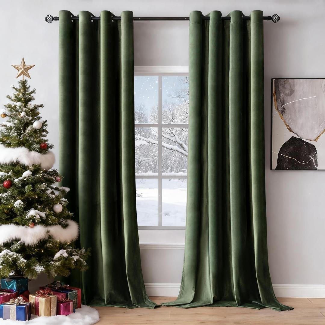 MIULEE Velvet Curtains Olive Green Elegant Grommet Curtain Thermal Insulated Soundproof Room Darkening Curtains/Drapes for Classical Living Room Bedroom Decor 52 x 84 Inch Set of 2
