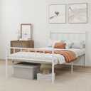 Metal Platform Twin Bed Frame with Headboard Sturdy Steel Slats Support No Box Spring Needed Easy Assembly White