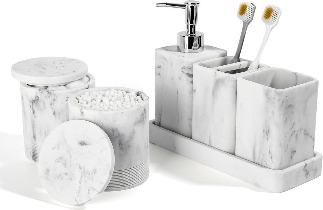 YMXYJM Bathroom Accessories Set, 6 Piece Bathroom Set with Toothbrush Holders, Soap Dispenser, Vanity Tray, Tumbler, Cotton Swab Jars, Bathroom OrganizerBathroom Sink Sets, Artificial Marble White