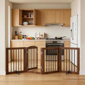 Vantas 80" x 30", No-Assembly Wooden Dog Gate with Door, Brown | Freestanding Stability, Extra Wide, Walk-Through Easy, Easy Storage, Easy to Move, Safety Fence, With Support Feet