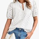 Glamaker Womens Summer Tops Blouse 2025 Casual Eyelet Embroidered Short Puff Sleeve Lace Hollow Out Button Dressy Shirts Size S