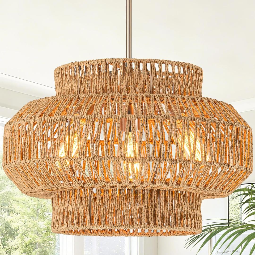 17.7'' Rattan Pendant Light,3-Light Boho Chandelier,Dinning Lighting Fixture Hand Woven Shade Boho Hanging Light Wicker Chandelier for Bedroom Kitchen Island Farmhouse Living Room Light Fixture