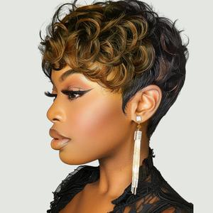 Short Bowl Cut Wig Short Curly Pixie Cut Wigs for Black Women Black Ombre Brown Pixie Curly Wig With Bangs Wig1b/30#, Blackbrown (Black and brown)