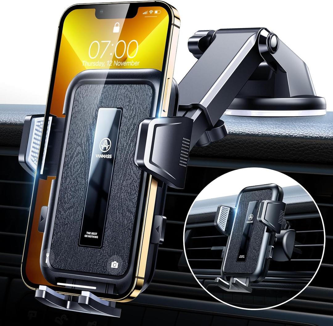 VANMASS 2025 Upgraded Car Phone Holder, [85+LBS Strongest Suction] Patent Safety Cell Phone Mount Windshield Dashboard Vent Truck Accessories Stand Cradle for iPhone 17 Pro Max 16 15 14 13 Android (Black)