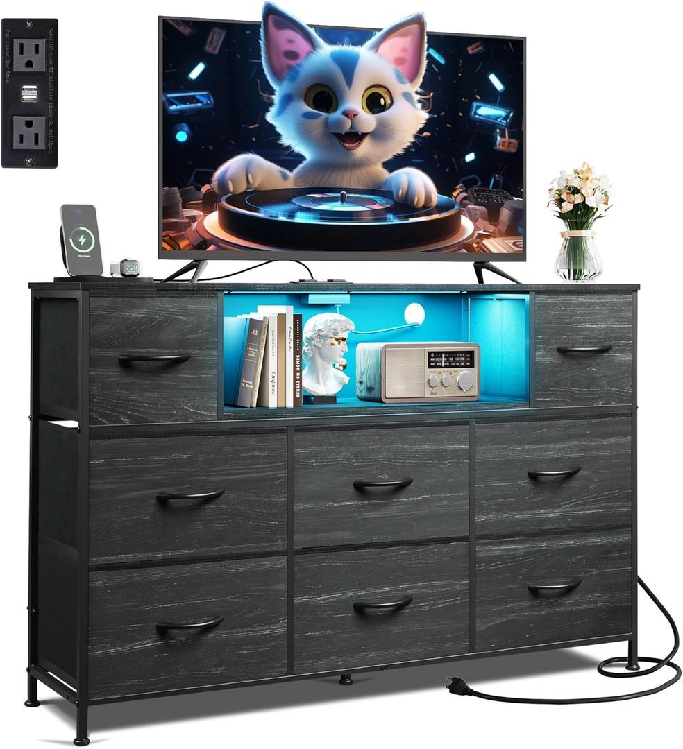 WLIVE Black Dresser TV Stand for 45, 50, 55 inch TV, Entertainment Center with LED Lights & Charging Station, Chest of Drawers with 8 Fabric Drawers and Open Shelves for Living Room, Hallway, Wood Top