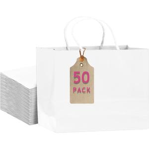 qiqee 50-Packs White Paper Gift Bags with Handles Bulk 12.6"x4.3"x10" Wide Large Size Party Favor Bags Multiple Uses