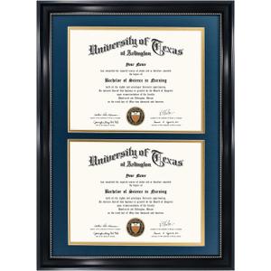 GraduationMall 14x20 Double Diploma Frame, Display 8.5x11 Certificate with Navy over Gold Mat,Tempered Glass,Black with Silver Beads