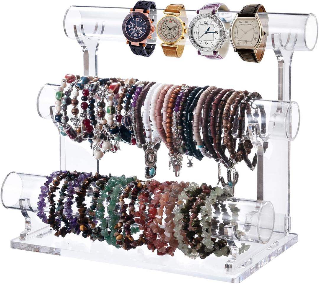Acrylic Bracelet Holder with 3 Tier Jewelry Organizer Stand Racks, Acrylic Necklace Holder Display Stylish Crystal Bangle Bracelet Holder for Selling,Invisible Detachable Watch Holder