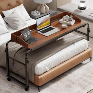 BYMECOST Laptop Desk for Bed, Adjustable Height & Length Laptop Bed Table,Overbed Table with Wheels for Queen Size Beds,Rolling Standing Desk,Over Bed Table for Working Reading Eating (Oaken)