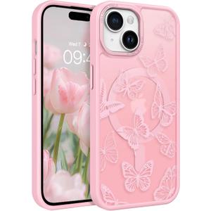 BENTOBEN for iPhone 15 Plus Case,Cute Butterfly Pattern iPhone 15 Plus Magnetic Cover [Compatible with MagSafe] Translucent Matte Slim Women Girl Protective Case 6.7", Tender Pink