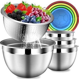 DUTZUN Mixing Bowls with Strainer, Mixing Bowl with Lids Set, Stainless Steel Mixing Bowls, Kitchen Gadgets 2025 Salad Bowls with Strainer for Mixing & Preping & Baking, Multicolor, 9PCS Multicolor