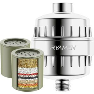 Ryamen Heavy Duty Shower Filter, Shower Water Filter, 99% REMOVAL Shower Head Filter for Hard Water, Heavy Metals, Chlorine (2 Cartridges, Silver)