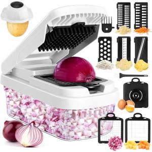 Vegetable Chopper,12-in-1 Multifunctional Food Chopper,Professional Onion Chopper with 7 Blades,Vegetable Cutter with Container for Salad,Potato,Carrot,and Garlic; Essential Kitchen Tool(Grey)