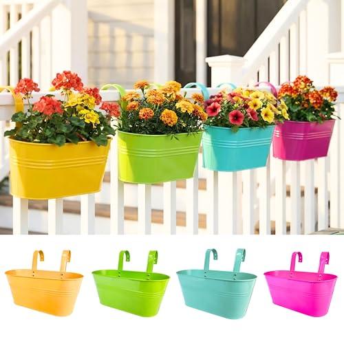 LaLaGreen Rail Planter (9.8 Inch, 4 Pack) Colorful Metal Outdoor Hanging Flower Pots for Railing Garden Decor Balcony Gardening for Apartment Patio Planters Modern Style Iron Deck Decoration Porch