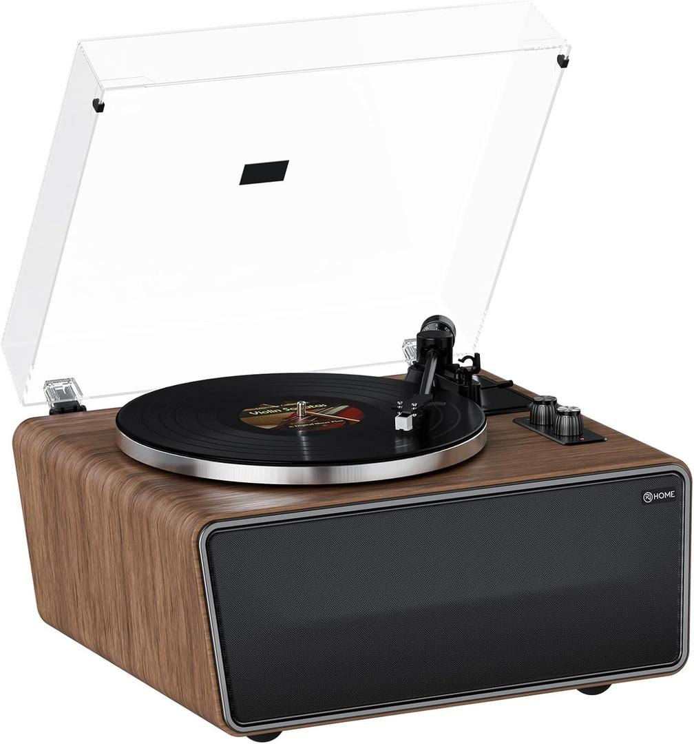 All in One Vinyl Record Player,Bluetooth Turntable Built in 4 Stereo Speakers Phono Preamp,High Fidelity Turntables for Vinyl Records with Magnetic Cartridge AT-3600L MM,Belt Drive 2-Speed,33/45 RPM (Walnut Wood)