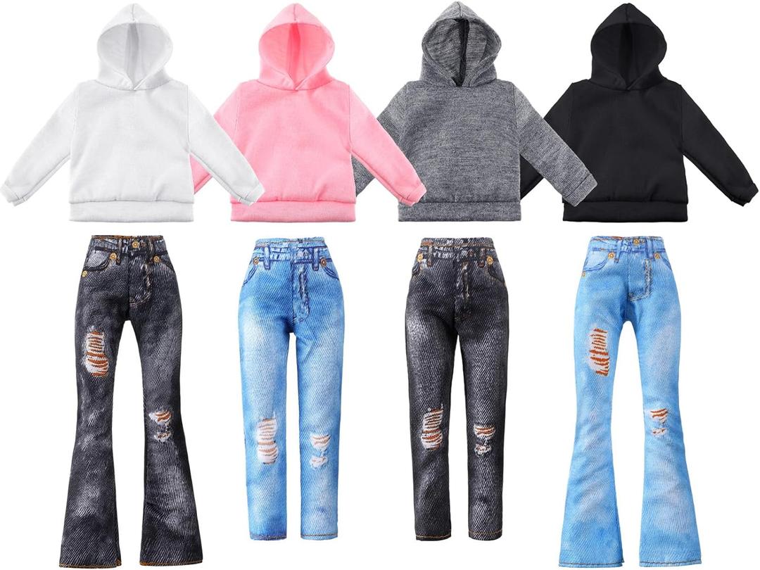 Bencailor 8 Pieces Doll Clothes Girl Accessories Cotton Sweaters Denim Pants Regular Outfit Clothing(Black,White,Grey,Pink,11.5 Inch Doll)