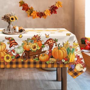 Fall Gnome Leaves Tablecloth Waterproof, Harvest Autumn Pumpkin Table Cloth Rectangle, Washable Table Cover for Thanksgiving Party Decor Kitchen Decoration (60104 Inch)