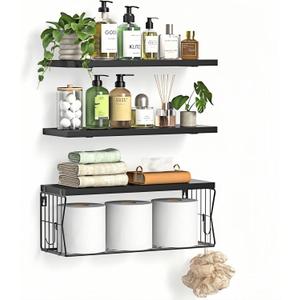 Floating Bathroom Shelves Wall Mounted - Wooden Shelf Set of 3 for Over Toilet Storage & Modern Bathroom Decor - Perfect Wall Shelving Organizer for Apartments RVs Powder Rooms Restroom - Black (15.7")