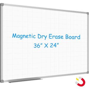 JILoffice Magnetic Dry Erase Planning Board, Grid Pattern White Board 36 x 24 Inch, Silver Aluminum Frame with Detachable Marker Tray for Office School and Home