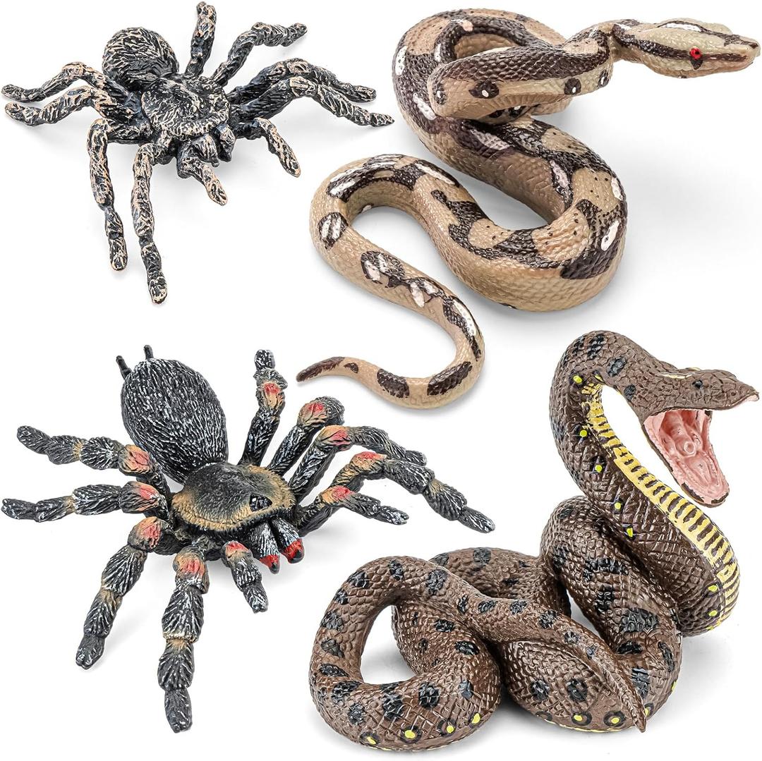 4PCS Fake Snake Spider Prank Toys Animal Figurines, Realistic Plastic Snakes Spiders Prank Stuff, Scare Birds Squirrels Away, Green Anaconda, Boa Constrictor, Tarantula, Brazilian Whiteknee