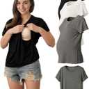 Rnxrbb Hidden Summer Nursing Tops for Breastfeeding Short Sleeve Maternity Nursing T Shirts Clothes 3 Pack Double Layer (Large, Black&White&Deep Gray)