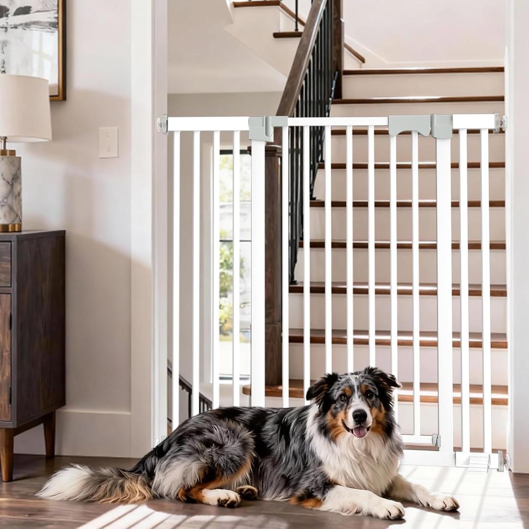 41'' Extra Tall Baby Gate for Large Dogs Pets Indoor No Jumping Over, 30-49.2'' Wide Heavy Duty Puppy Gate for Doorways, Pressure Mounted Metal Gate for Child Toddler No Tools Needed(White)