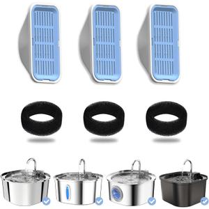 PEKTACO Cat Water Fountain Filters Replacement & Pre-Filter Sponges for 3.2L/108oz Automatic Pet Fountain, Dog Water Dispenser (3 Filters+3 Sponges) (Standard)