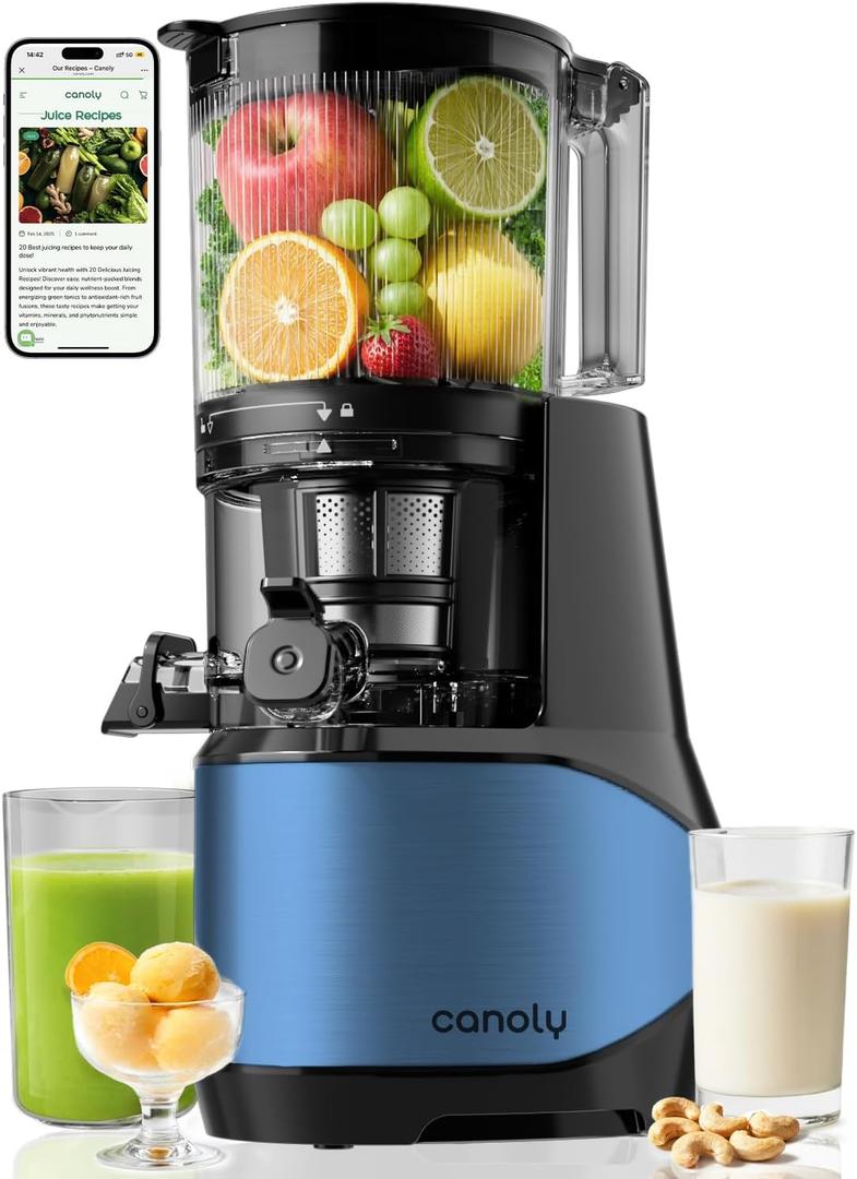 Canoly C09 Cold Press Juicer, 6" Extra Wide Feed Chute, 3-IN-1 Strainers (Juice & Sorbet & Nut Milk), Powerful AC Brushless Motor, Self Precut System, Juicer Machines with BPA-Free (Blue)