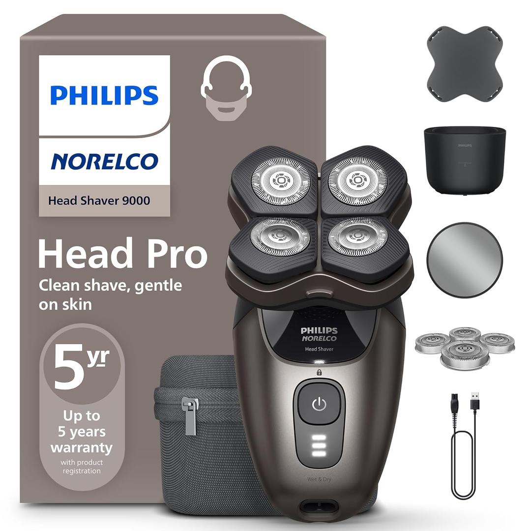 Philips Norelco Head Shaver Pro 9000 Series - Skull Shaver for Men and Women, 360 Flexing Head & ComfortCut Blades for Clean Shave, Gentle on Skin, Model HS9980/40 (Series 9000 +QCP, Blades, Mirror, Travel Case, Black)