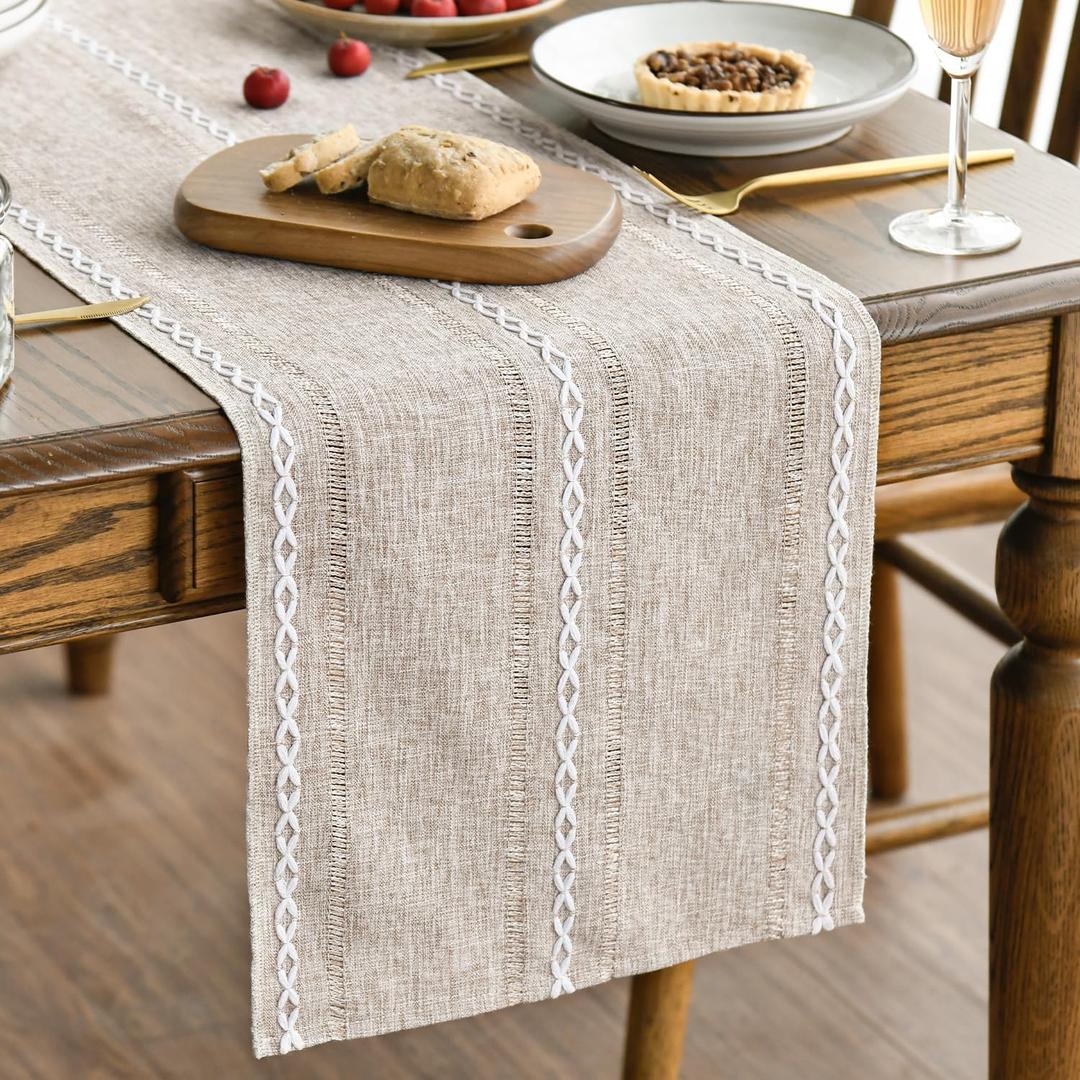 Artoid Mode Brown Rustic Cotton Linen Table Runner, Seasonal Embroidered Hollow Kitchen Dining Table Decoration for Home Party Decor 13x108 Inch