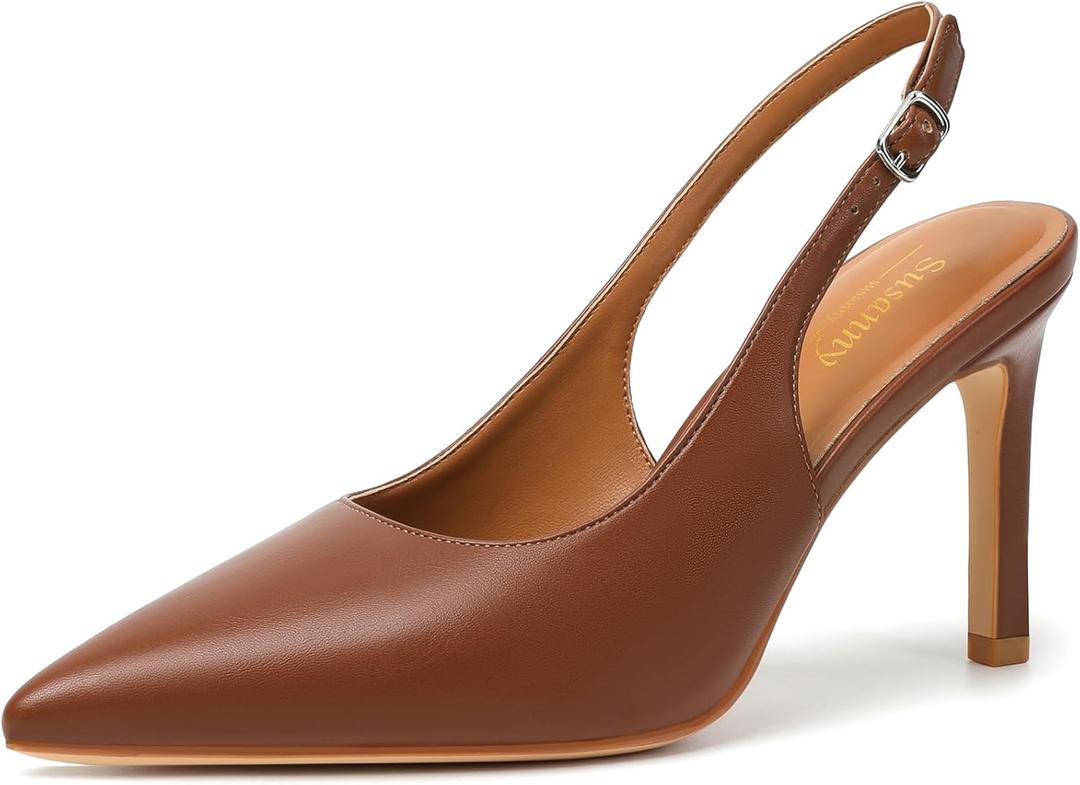 Susanny Slingback Heels for Women Pointed Closed Toe Stiletto Kitten Women's Sexy High Heeled Pumps Stray Casual Dressy Shoes Comfortable Wedding Brida Party Office (8, Brownpu)