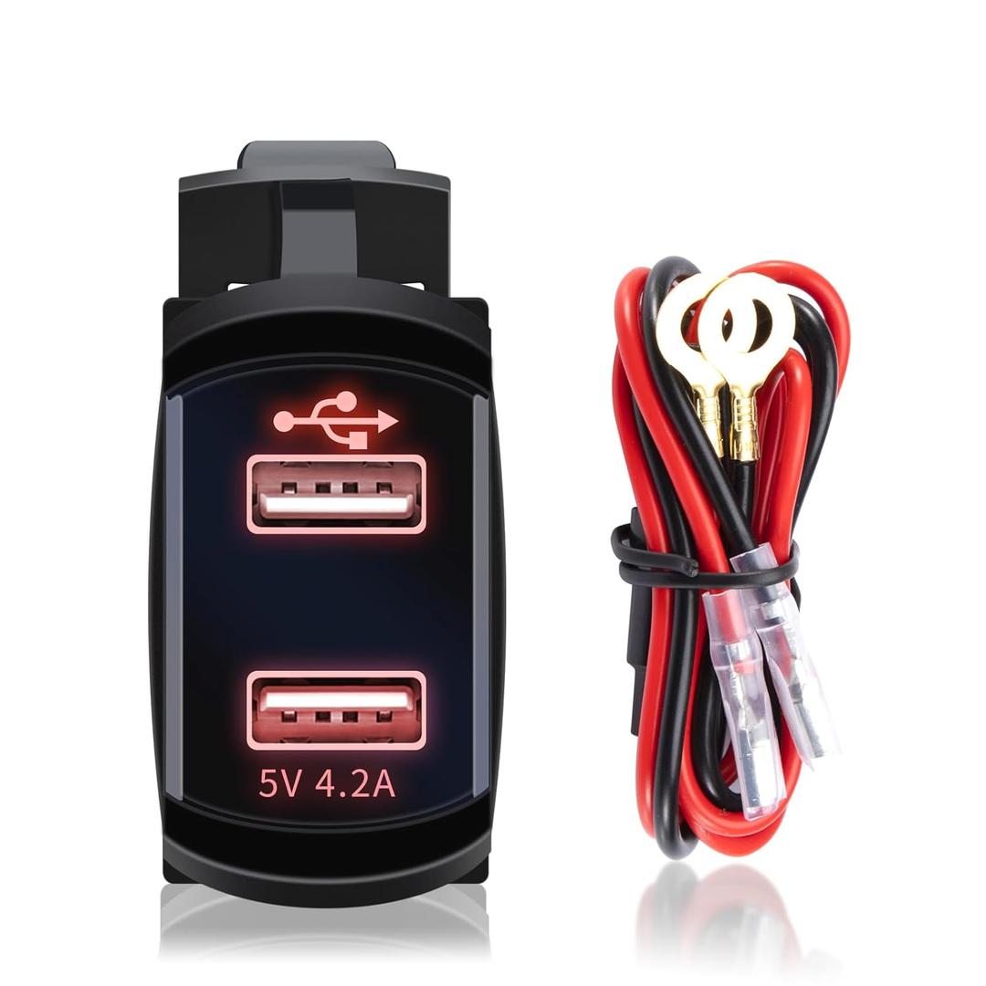 4.2A Rocker Switch Style Dual USB Charger Red LED Light, Waterproof USB Charger 12V-24V Fast Charge Socket Quick Charger for Cars Boats Trucks RVs Vehicle, Universal USB Quick Charger