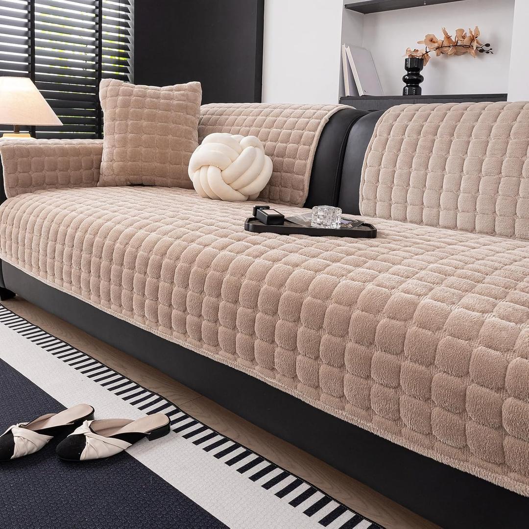 Velvet Couch Covers for Sofa, Sofa Covers Washable Sectional, Large Anti-Slip Sofa Slipcovers for 3-4 Cusions and L-Shaped Sofas(1pc, Light Brown, 36"94")